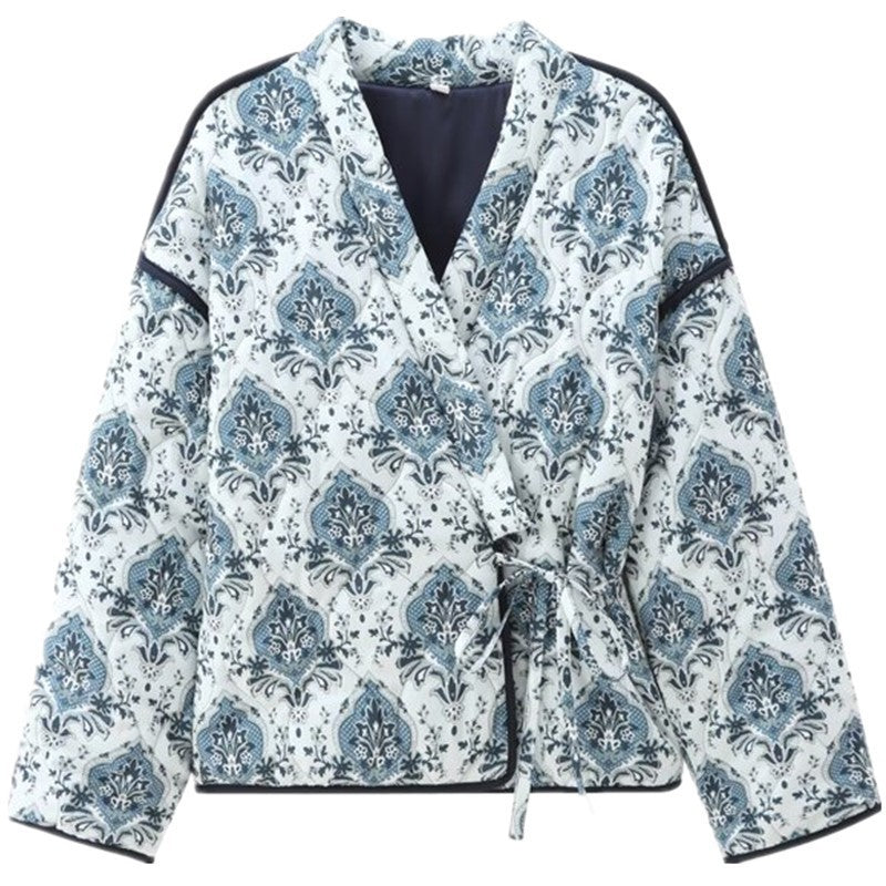 Women's quilted kimono wrap jacket with tie belt and oriental paisley pattern Fashion Glam