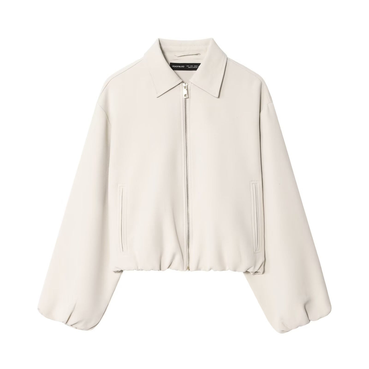 Women short jacket made of vegan leather with Kent collar, full-length zipper and gathered hem Fashion Glam