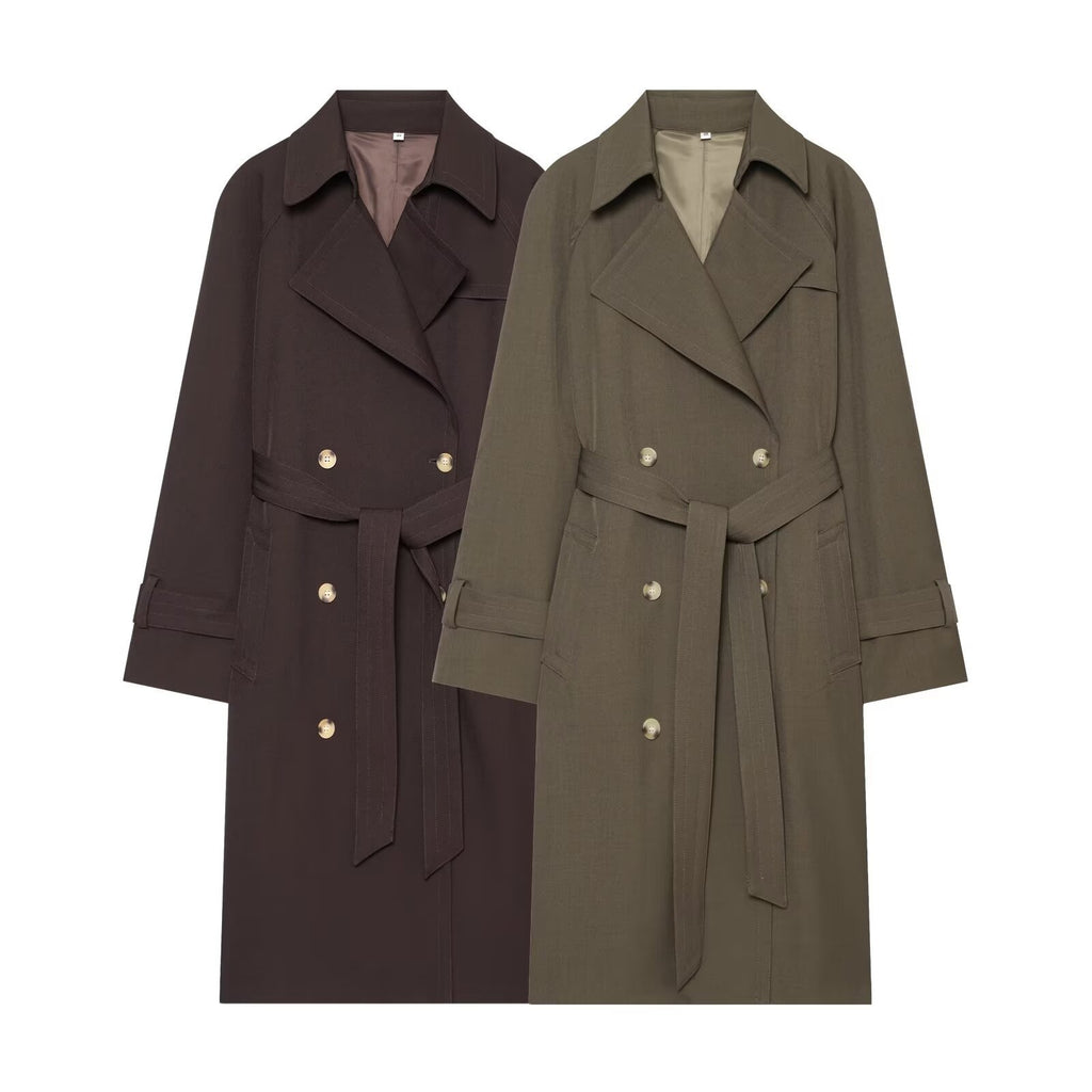 Women's Double-Breasted Trench Coat with Waist Belt and Raglan Sleeves Fashion Glam