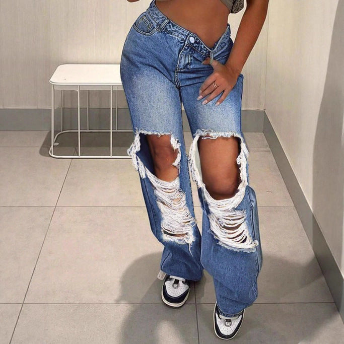 Women's extra wide cut destroyed jeans with XXL knee cutouts and low waistline Fashion Glam