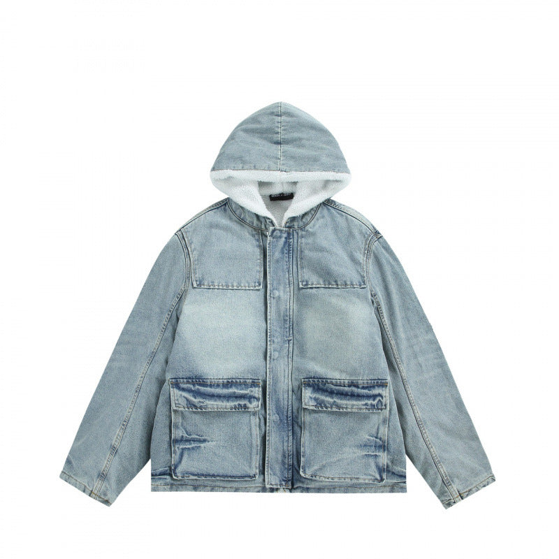 Unisex Hooded Denim Parka in Used Look with Teddy Fleece Lining and Flap Pockets Fashion Glam