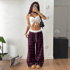 Women Checked Relaxed Pants with Wide Leg, Ribbed Waistband and Pockets Fashion Glam