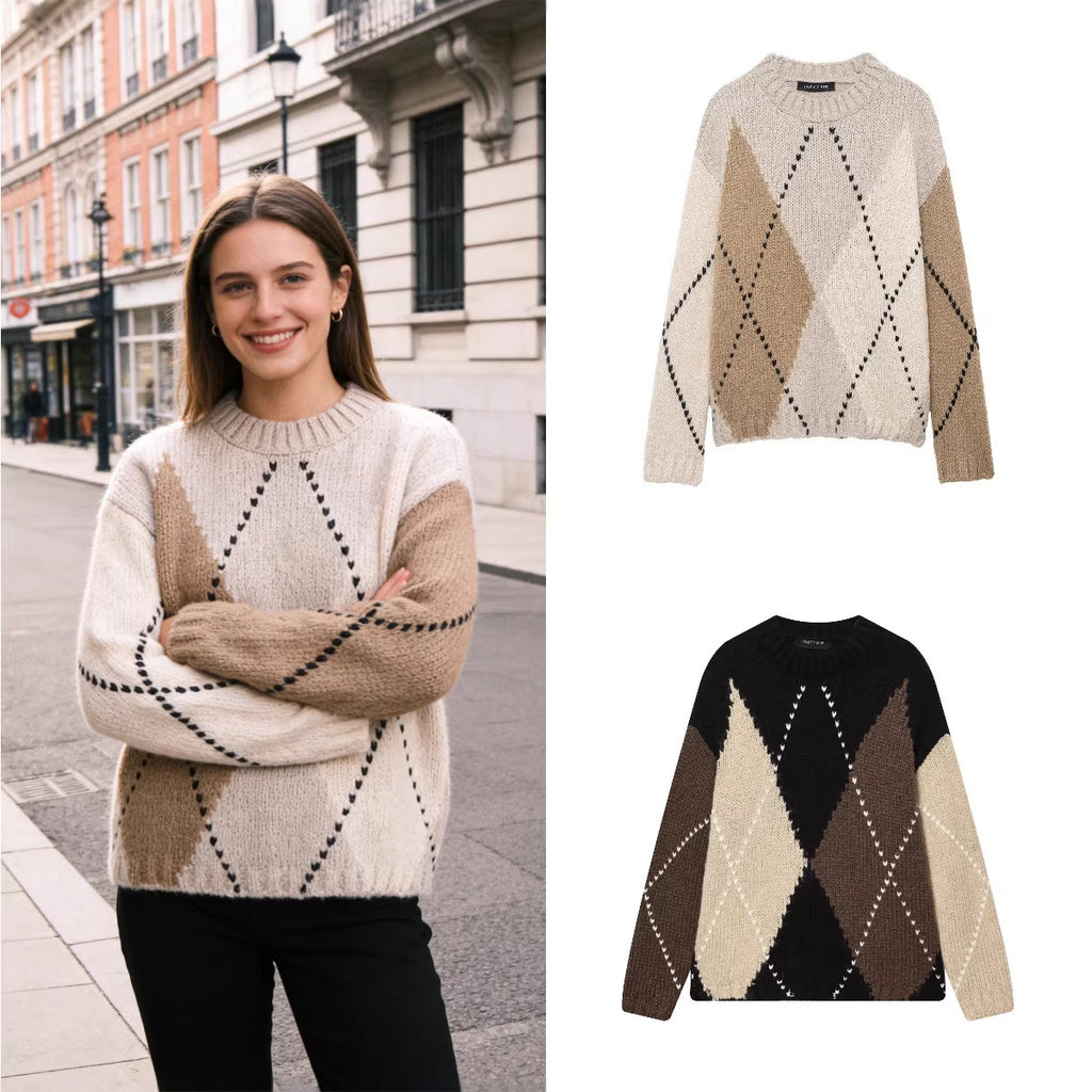 Women Chunky Knit Argyle Sweater with Oversized Cut and Ribbed Collar Fashion Glam