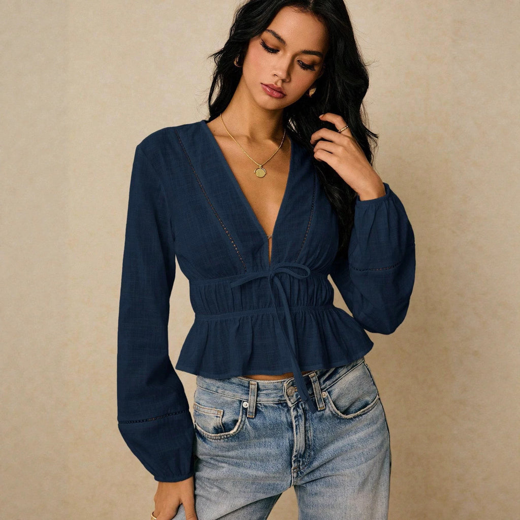 Women Deep Cut Blouse with Drawstring Waist, Ruffled Hem and Decorative Hole Embroidery Fashion Glam