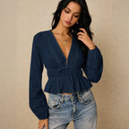 Women Deep Cut Blouse with Drawstring Waist, Ruffled Hem and Decorative Hole Embroidery Fashion Glam