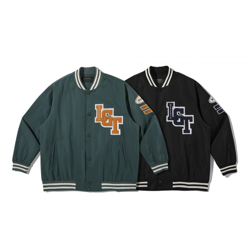Unisex College Bomber Jacket with quilted patch, striped ribbed hems and snap button placket Fashion Glam