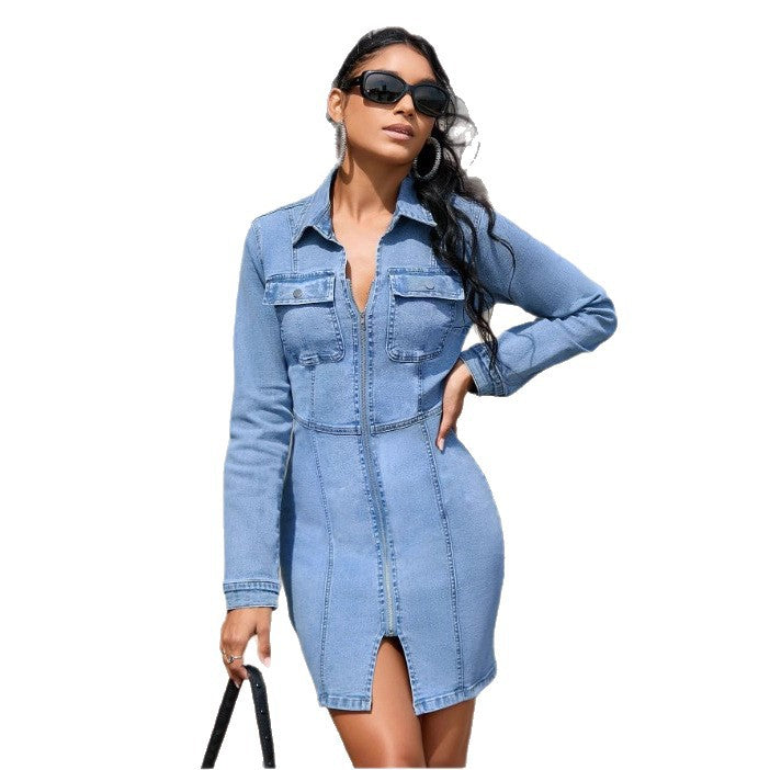 Women's denim shirt dress with front zipper, waist-accentuated cut and chest pockets Fashion Glam