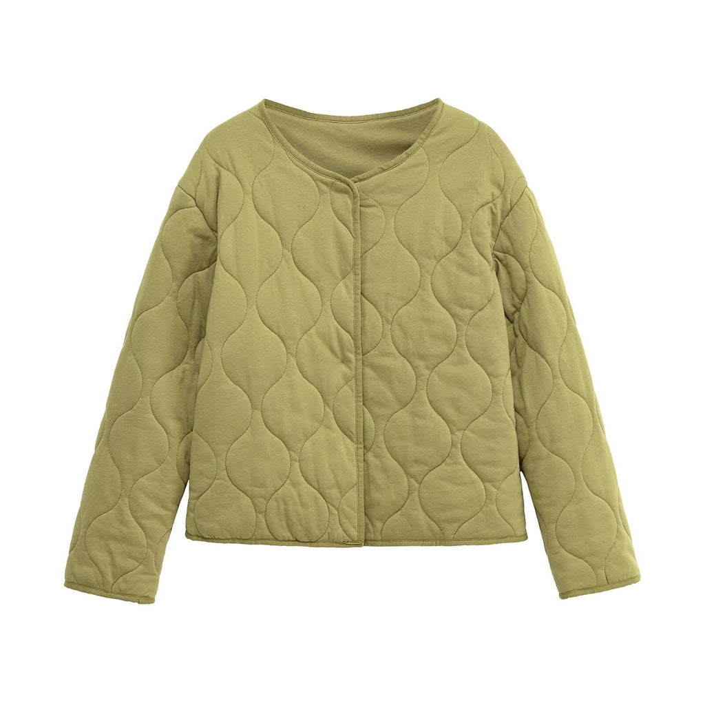 Ladies Quilted Short Jacket in Oversized Cut with Round Neck and Wave Stitching Fashion Glam