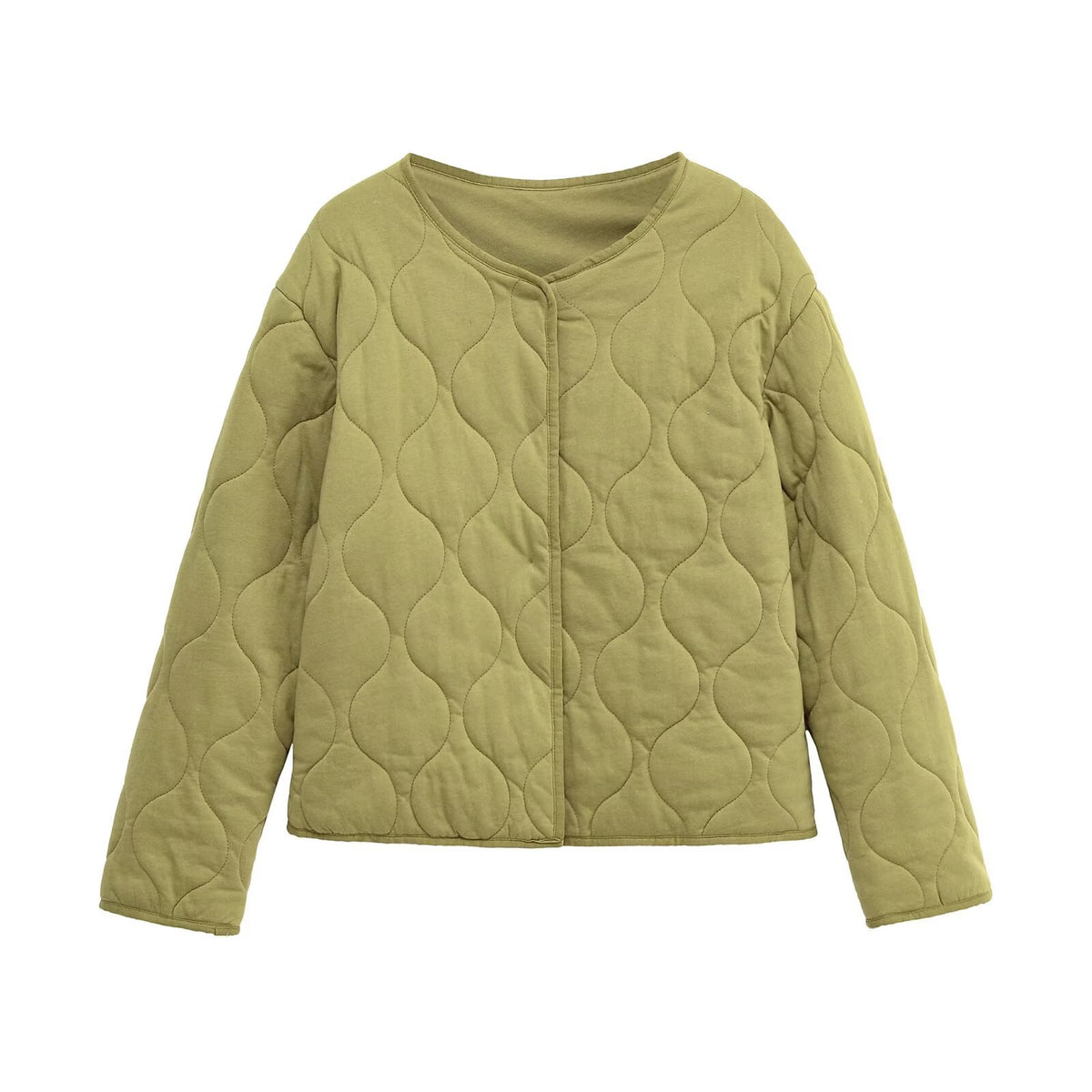 Ladies Quilted Short Jacket in Oversized Cut with Round Neck and Wave Stitching Fashion Glam
