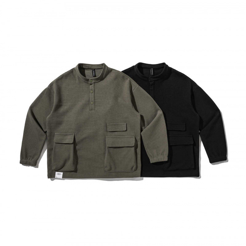 Unisex Oversize Waffle Knit Henley Sweatshirt with Stand-Up Collar, Snap Placket and Utility Pockets Fashion Glam