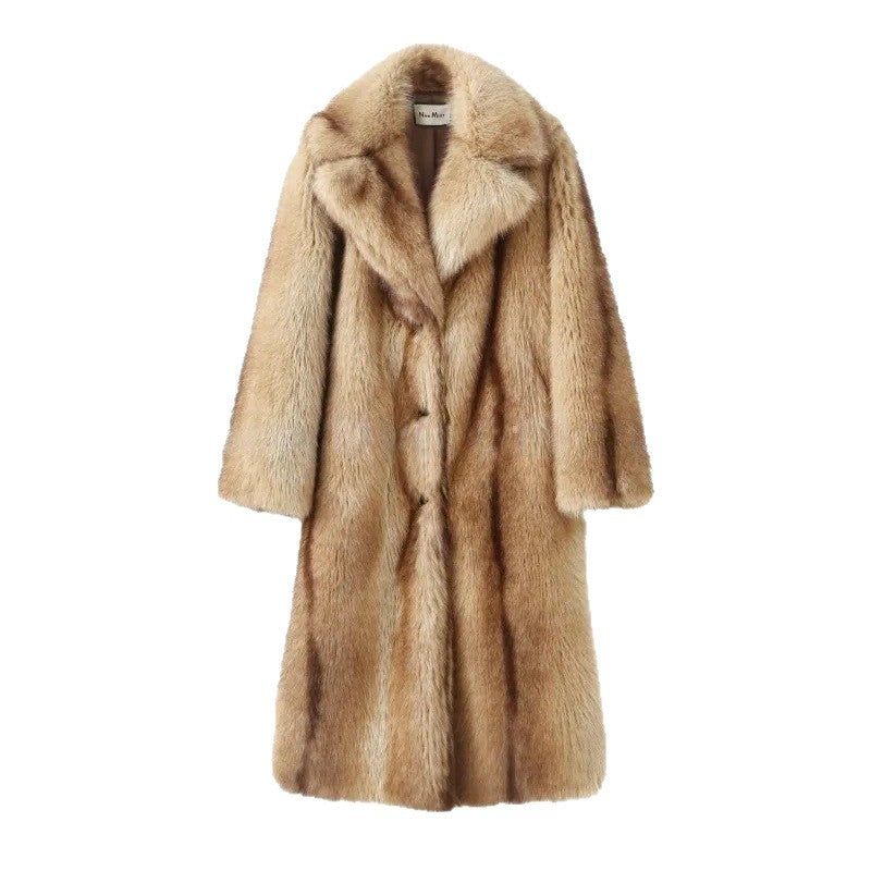 Women’s longer luxurious fur coat with wide lapels and concealed button placket Fashion Glam