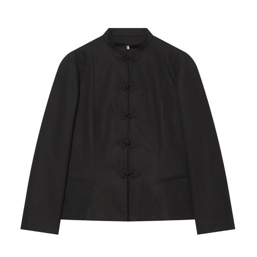 Women's jacket in Mandarin style with stand-up collar and decorative frog closures Fashion Glam