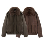 Women's Oversize Bomber Jacket in Suede Look with Removable Fur Collar Fashion Glam