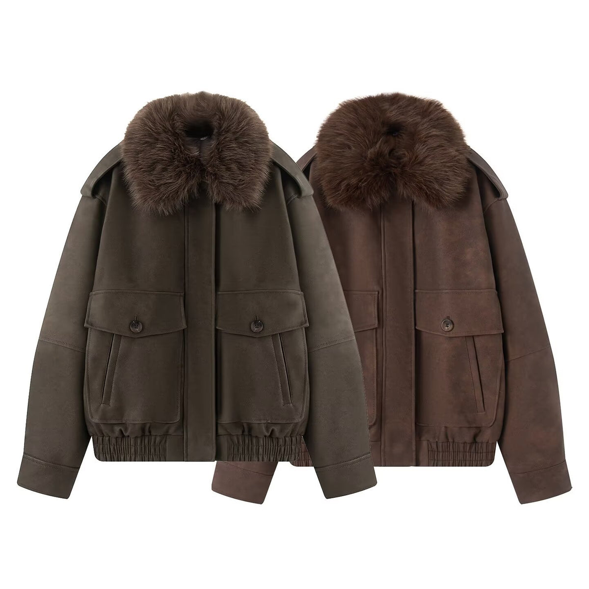Women's Oversize Bomber Jacket in Suede Look with Removable Fur Collar Fashion Glam