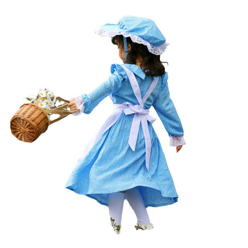 Women's Vintage Farmer Dress with Romantic Ruffles and Matching Hat Fashion Glam