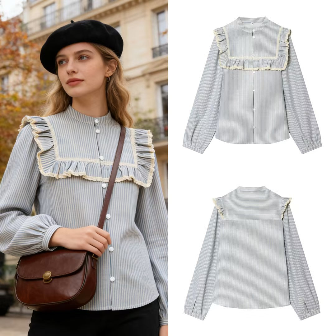 Women Striped Cotton Blouse with Square Bust Yoke, Ruffle and Lace Trim Fashion Glam