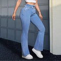Women's High-Waisted Flared Jeans with Frayed Waistband and Center Stitch Fashion Glam