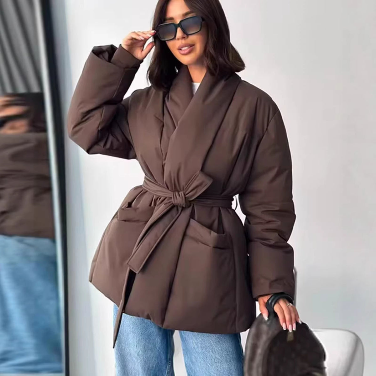 Ladies Quilted Short Jacket with Shawl Collar and Waist Belt Fashion Glam