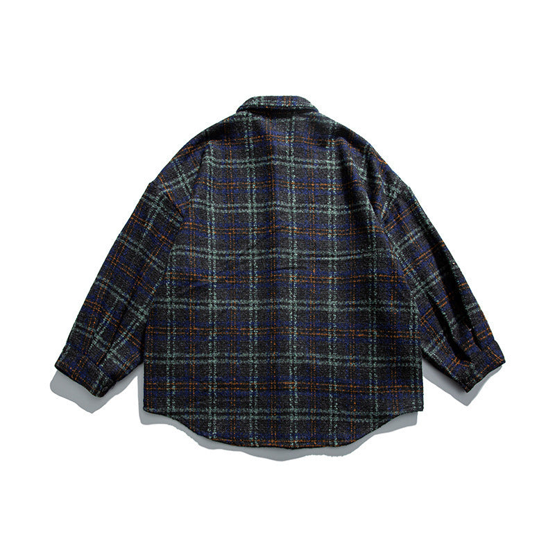 Unisex Boucle Check Shirt Jacket with Quilted Lining, Rounded Hem and Shirt Collar Fashion Glam