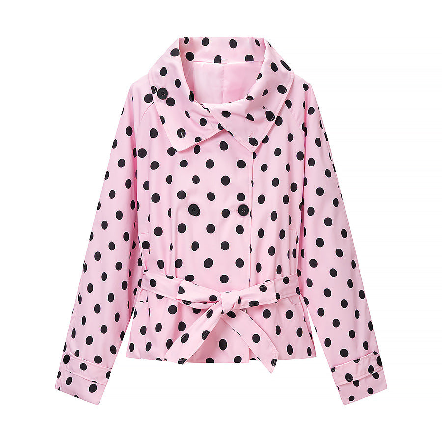 Women Tailored Polka Dot Trench Coat with Tie Belt Fashion Glam