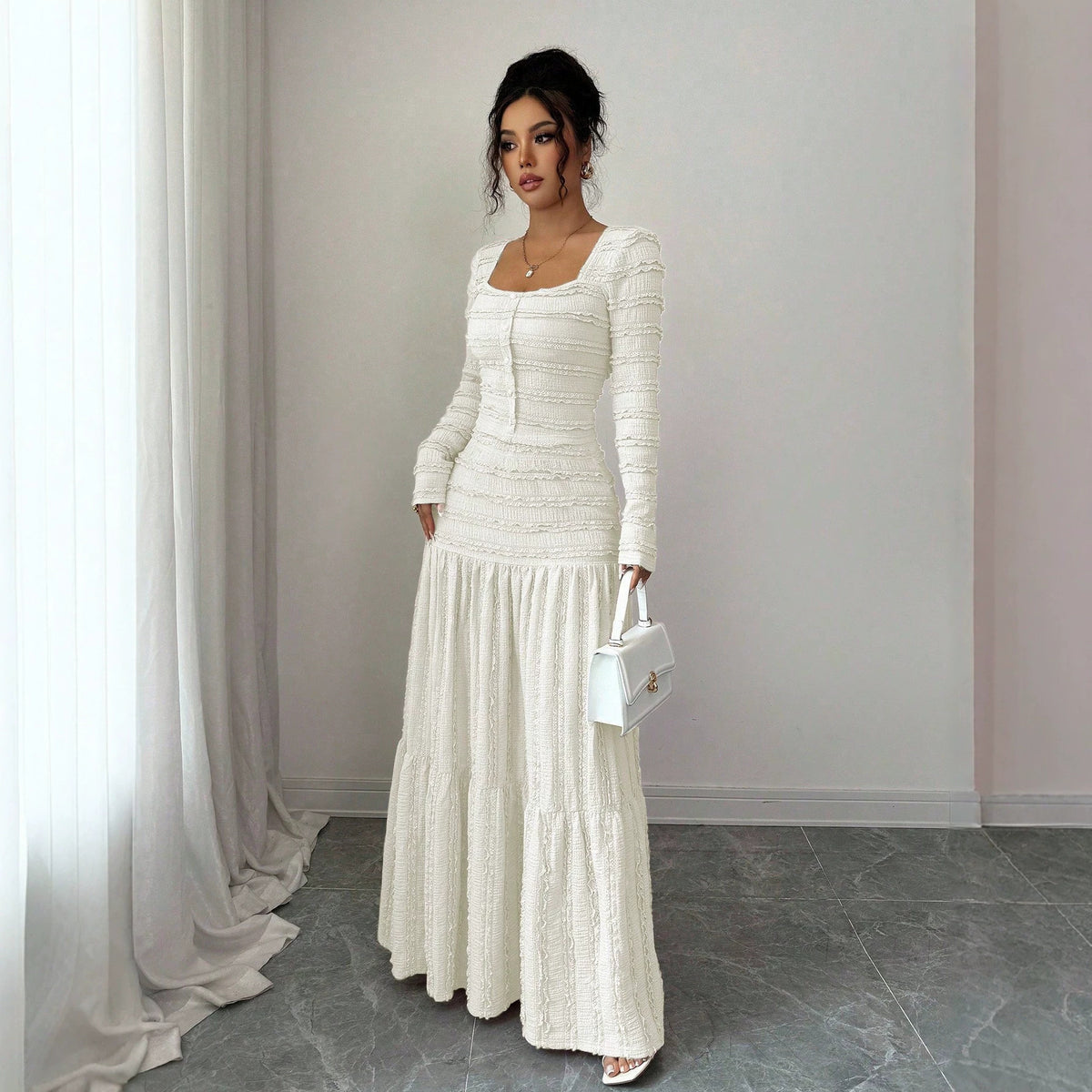 Women's Figure-Hugging Ruffle Maxi Dress with Square Neckline and Button Placket Fashion Glam
