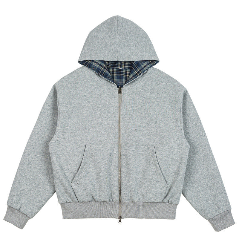 Unisex Padded Hoodie Bomber Jacket with Checkered Flannel Lining and Sturdy Zipper Fashion Glam