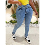 Ladies High-Waisted Sculpting Skinny Jeans with Waist-Shaping Overlap Band and Push-Up Effect Fashion Glam