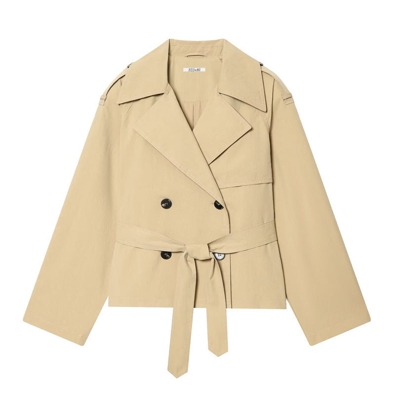 Women's Cropped double-breasted trench blazer with tie belt and epaulettes Fashion Glam