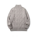 Unisex Chunky Knit Zip-up Cardigan with Cable Pattern and High Ribbed Collar Fashion Glam