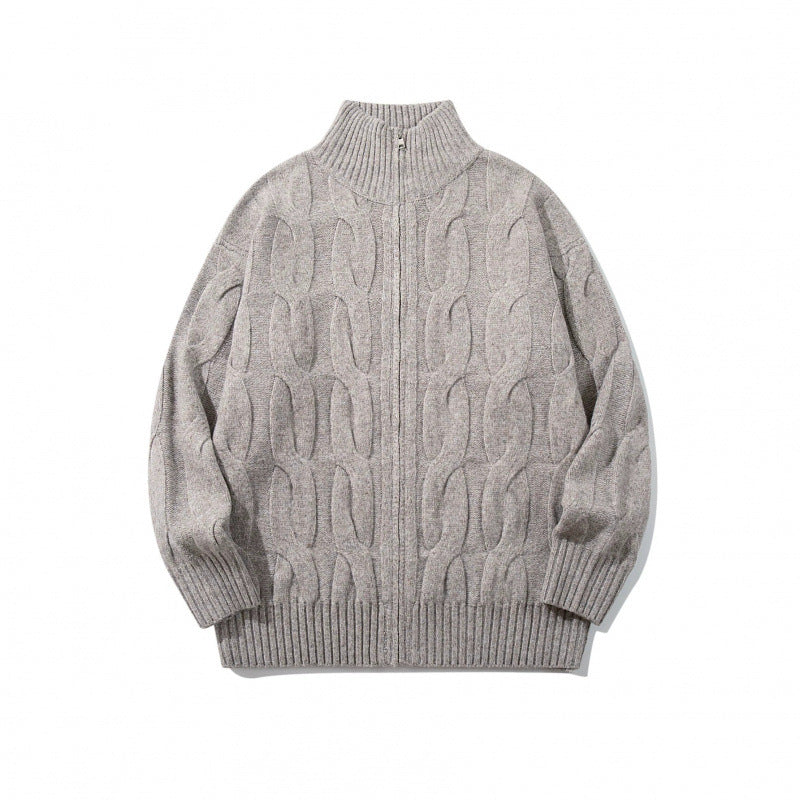 Unisex Chunky Knit Zip-up Cardigan with Cable Pattern and High Ribbed Collar Fashion Glam