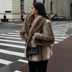 Women's short coat made of voluminous faux fur with wide shawl collar Fashion Glam