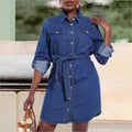 Women's denim shirt dress with waist belt and patch breast pockets Fashion Glam