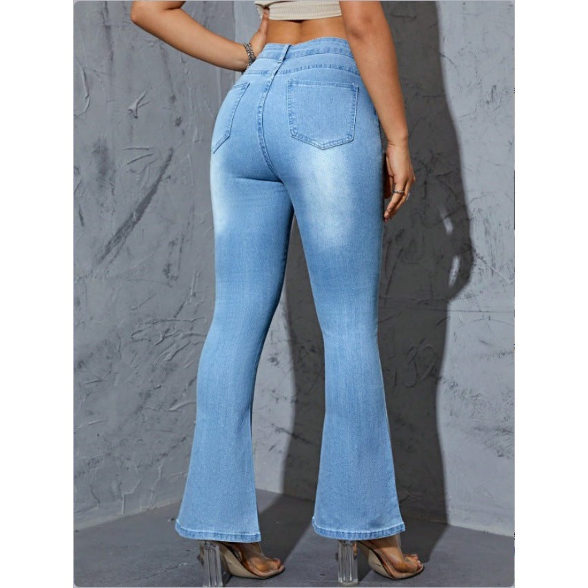 Women's High-waisted Flared Jeans with Pearl Embellishment and Sculpting Stretch waistband Fashion Glam