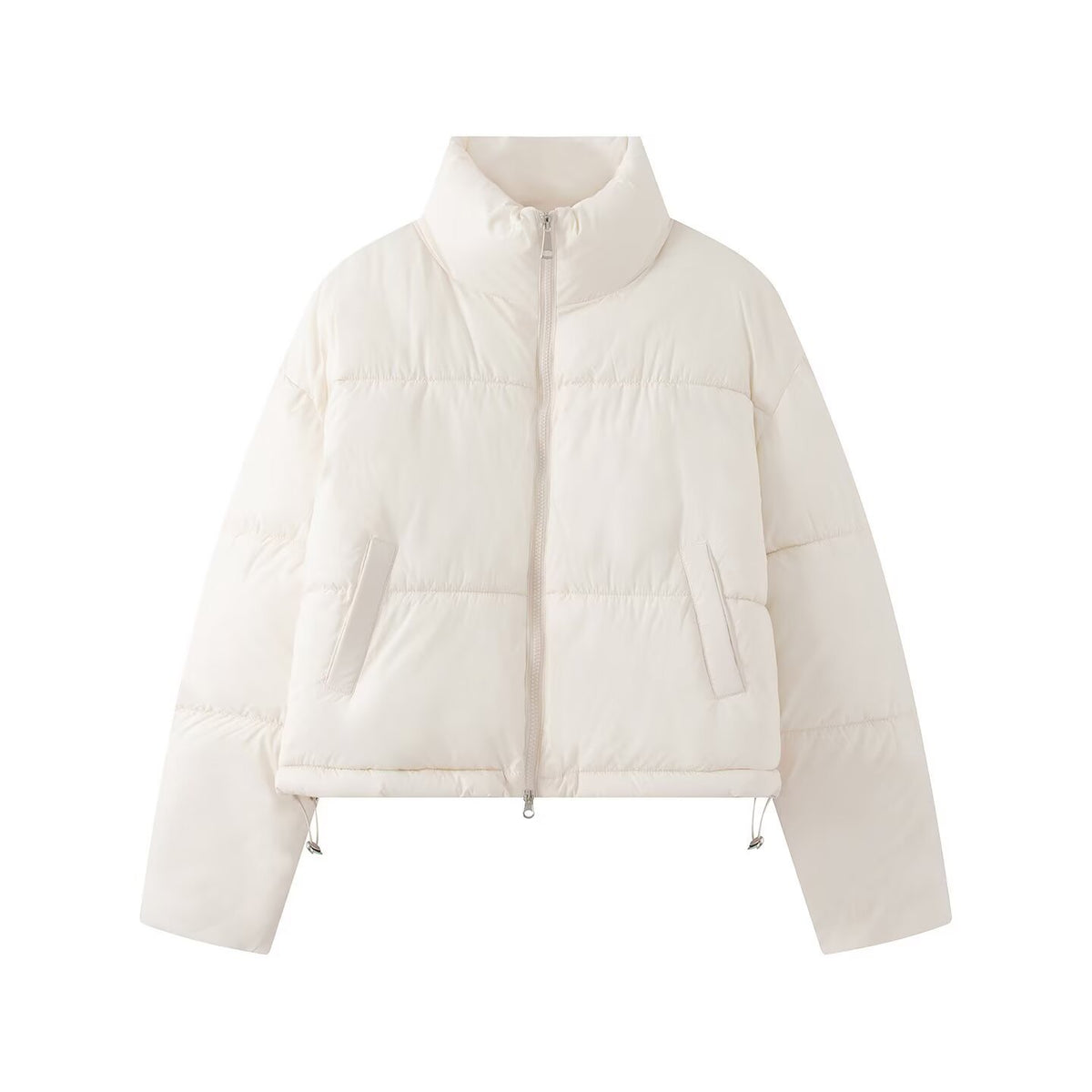 Women's Cropped Oversize Puffer Jacket with High Stand Collar and Two-Way Zipper Fashion Glam