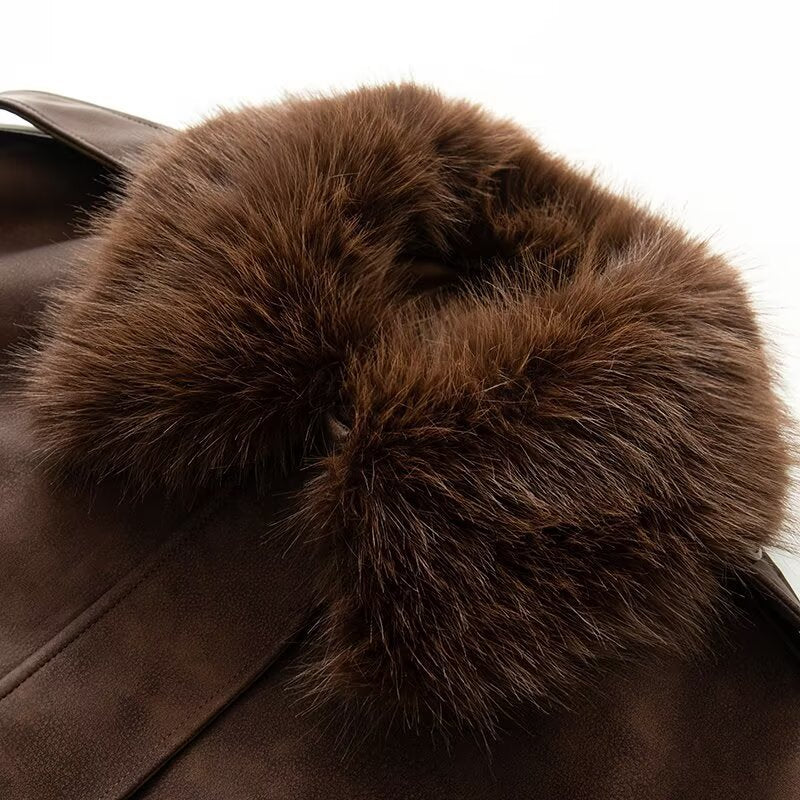 Women's Oversize Bomber Jacket in Suede Look with Removable Fur Collar Fashion Glam