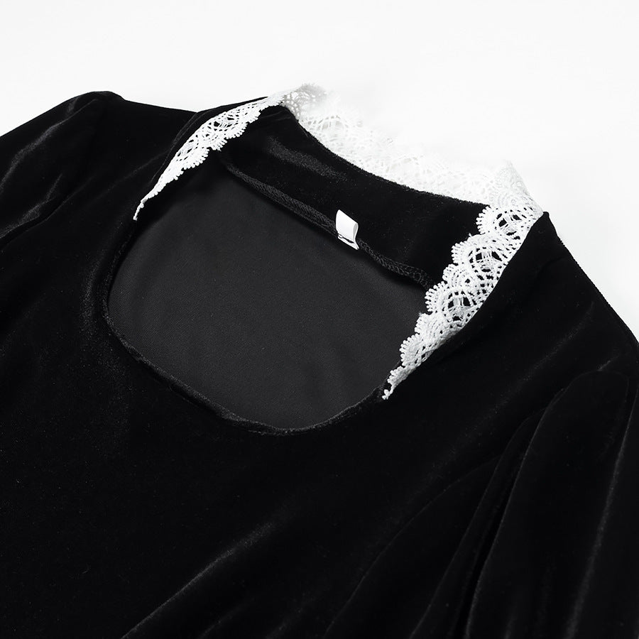 Ladies' velvet maxi dress with square neckline, lace trim, and puff sleeves Fashion Glam