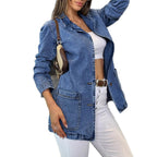 Ladies Longline Denim Jacket with casual oversized cut and patch pockets Fashion Glam
