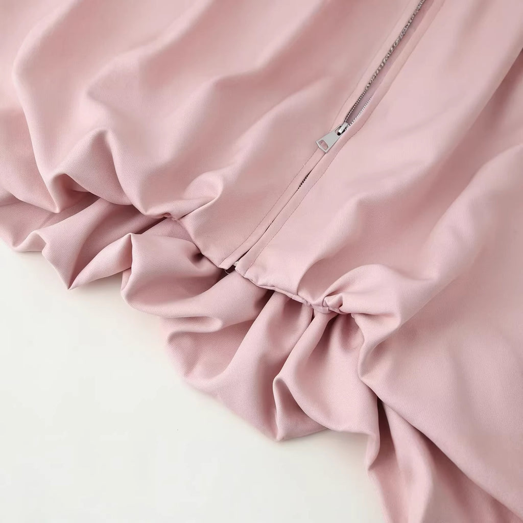 Women's Cropped Bomber Jacket with Shirt Collar, Zipper and Gathered Hem Fashion Glam