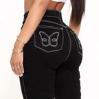 Women's High-Cut Sculpting Skinny Jeans with Contrasted Seam Design and Butterfly Embroidery Fashion Glam