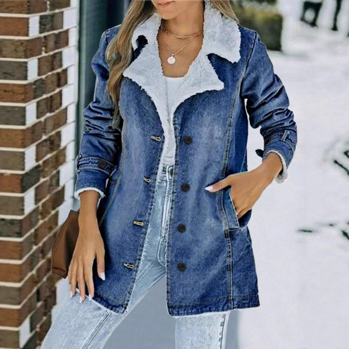 Women's Oversized Denim Jacket with Teddy Lining, Button Placket and Patch Pockets Fashion Glam