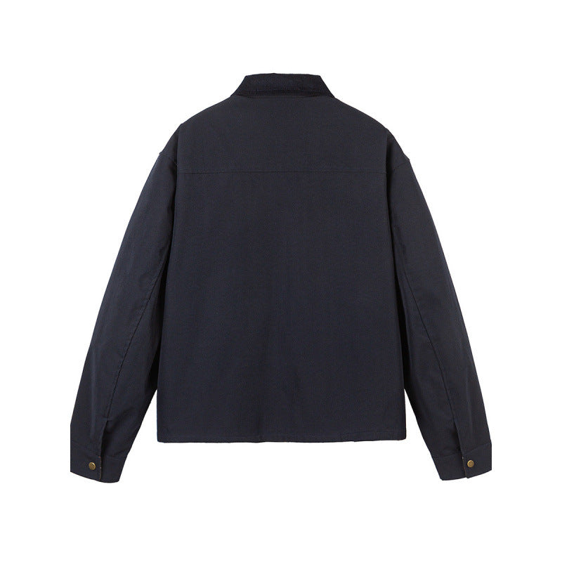 Men's Short Boxy Work Jacket made of sturdy canvas with cord collar and concealed snap button placket Fashion Glam
