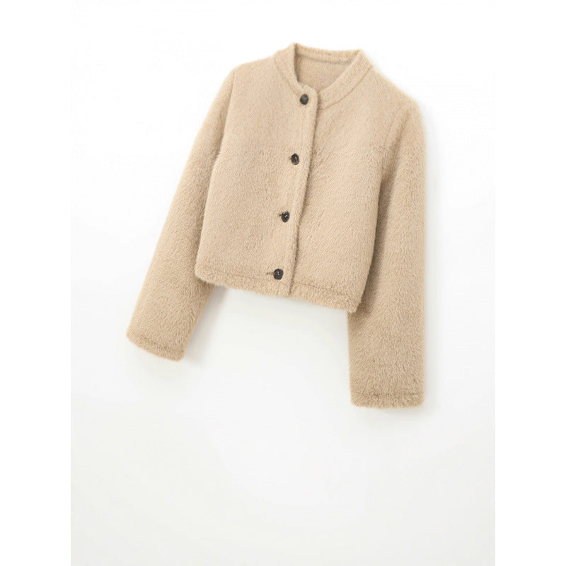 Women's Cropped Teddy Jacket with Straight Hem, Round Neck and Horn Button Closure Fashion Glam