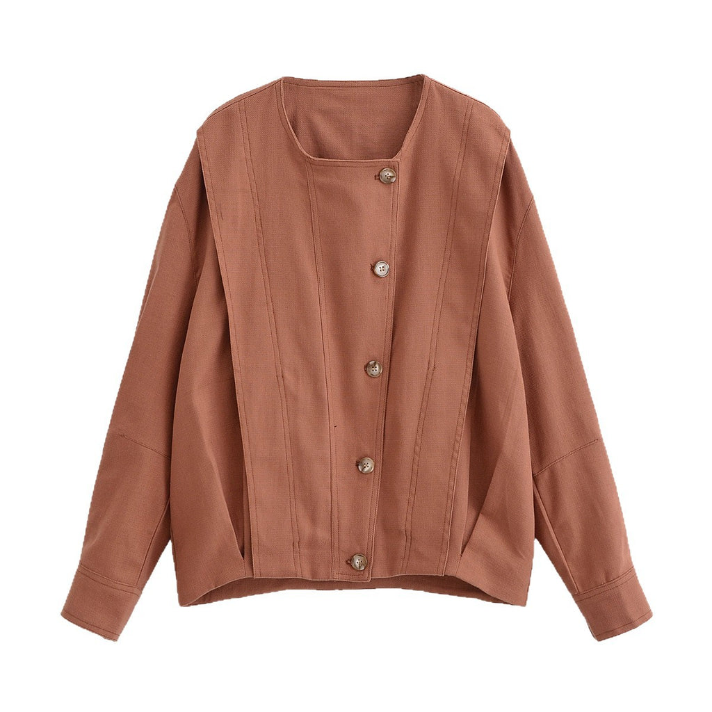 Women's Boxy Transitional Jacket with Round Neck, Decorative Stitching and Visible Button Placket Fashion Glam