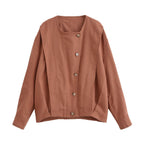 Women's Boxy Transitional Jacket with Round Neck, Decorative Stitching and Visible Button Placket Fashion Glam