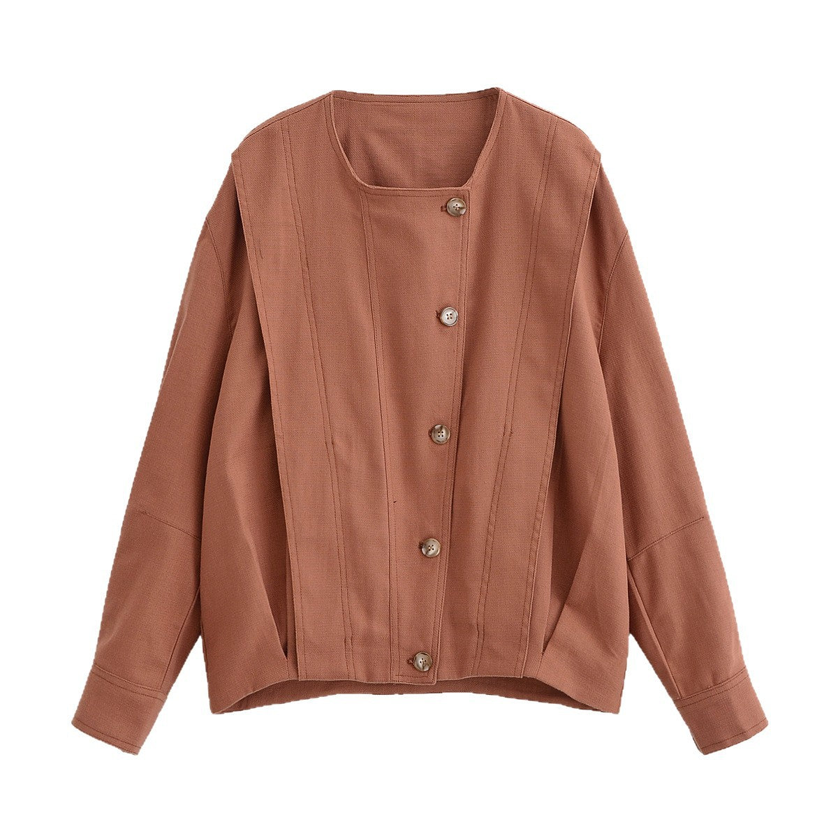 Women's Boxy Transitional Jacket with Round Neck, Decorative Stitching and Visible Button Placket Fashion Glam