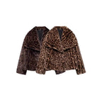 Women's short boxy faux fur jacket with leopard print and large shawl collar Fashion Glam