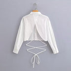 Women's Short-Cut Eyelet Embroidery Blouse with Shirt Collar and Long Ties Fashion Glam