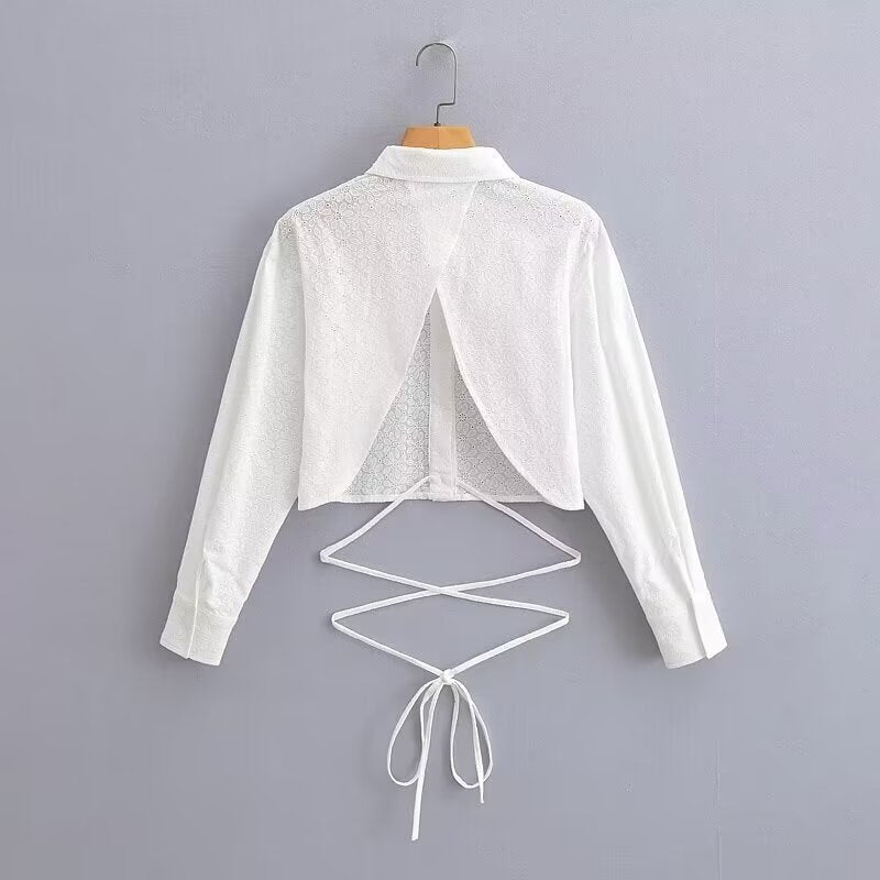 Women's Short-Cut Eyelet Embroidery Blouse with Shirt Collar and Long Ties Fashion Glam