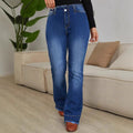 Women's High-Waisted Elastic Jeans with Bootcut and Frayed Hem Fashion Glam