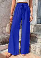 Women Lightweight Palazzo Pants with Crinkle Texture, High Smocked Waist and Drawstring Fashion Glam